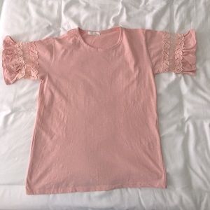 Feminine baby pink top, sheer floral sleeves imported from Korea